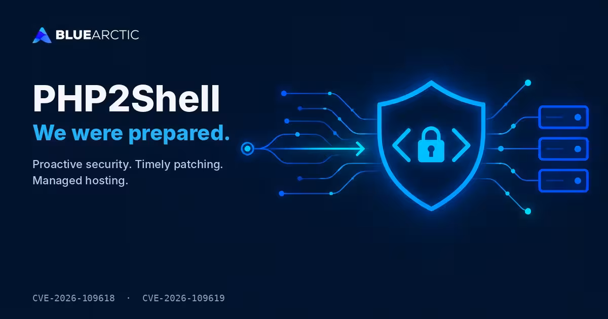 Blue Arctic PHP2Shell graphic: We were prepared. Proactive security, timely patching, managed hosting.